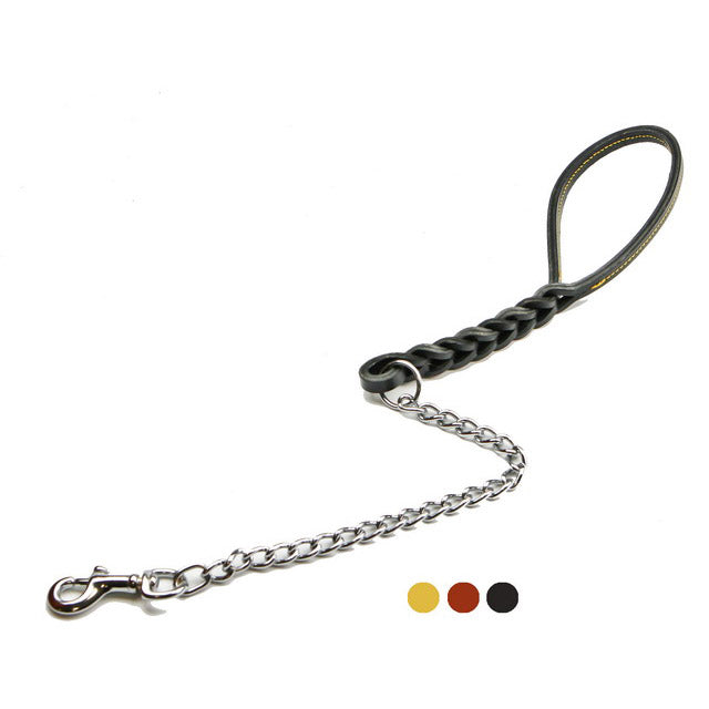 Guinzaglio doppia treccia in cuoio con catena integrata per cani, 60 cm, colori naturale marrone nero
