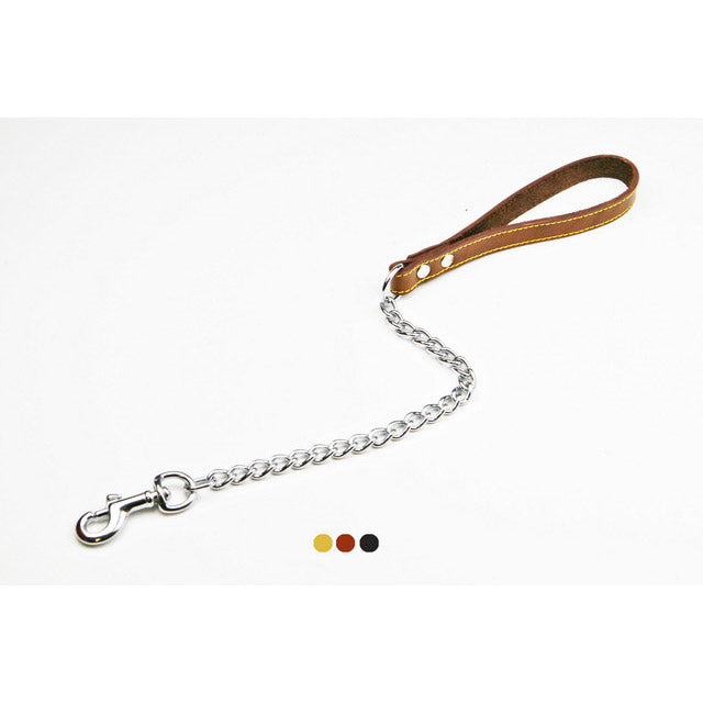 Guinzaglio con manico in cuoio cucito e catena per cani, 18 mm x 600 mm