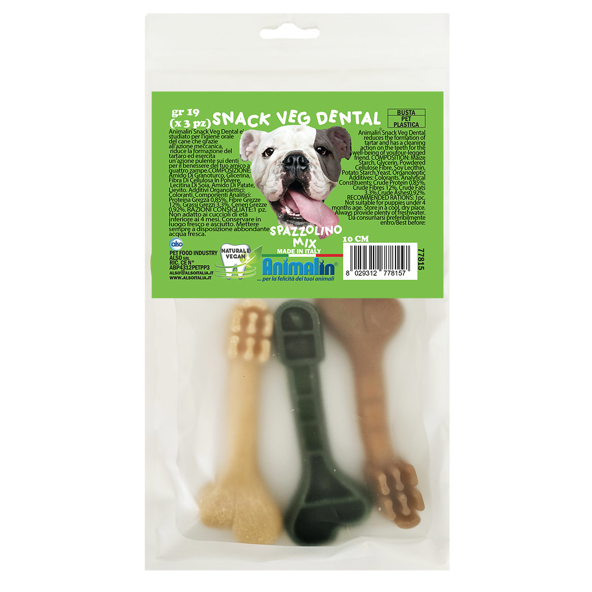 Snack a spazzolino vegetale per cani, forma innovativa per la pulizia dentale e riduzione del tartaro