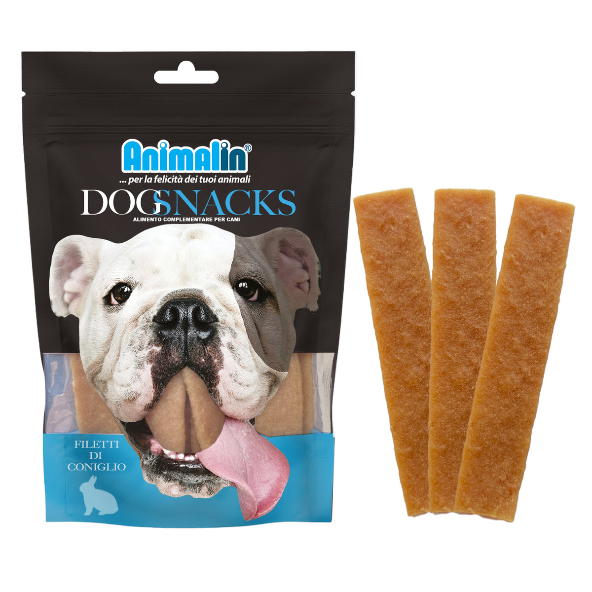 Snack monoproteico filetti di coniglio per cani, 100 g, formato 11-12 cm