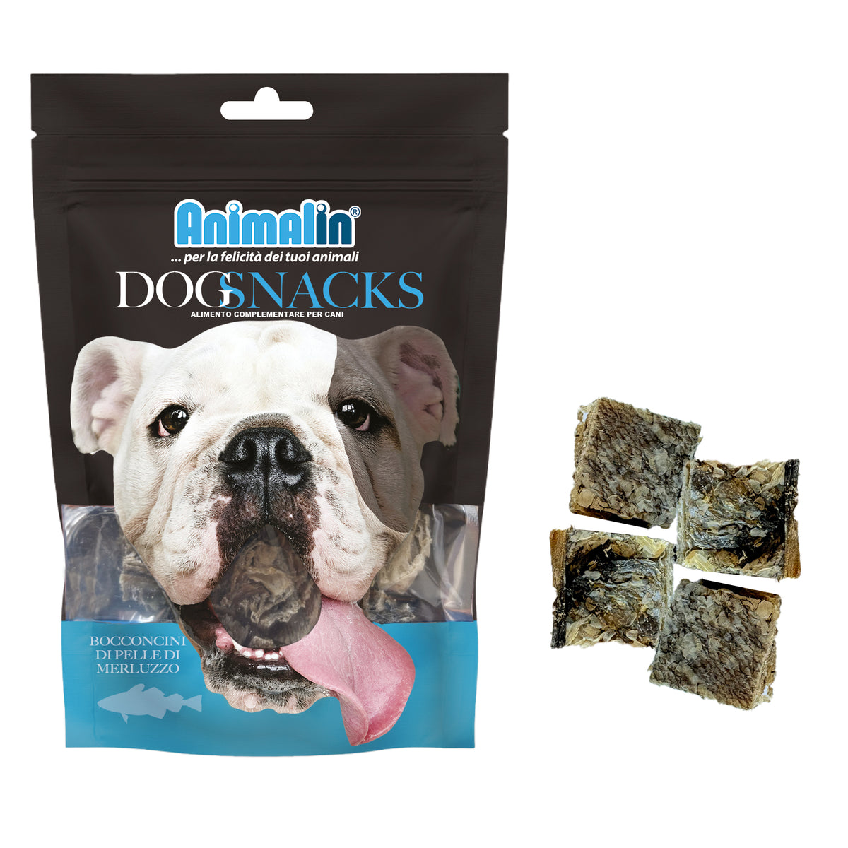 Snack monopro bocconcini di pelle di merluzzo per cani, 70 g, dimensioni 2,5 x 2,5 cm