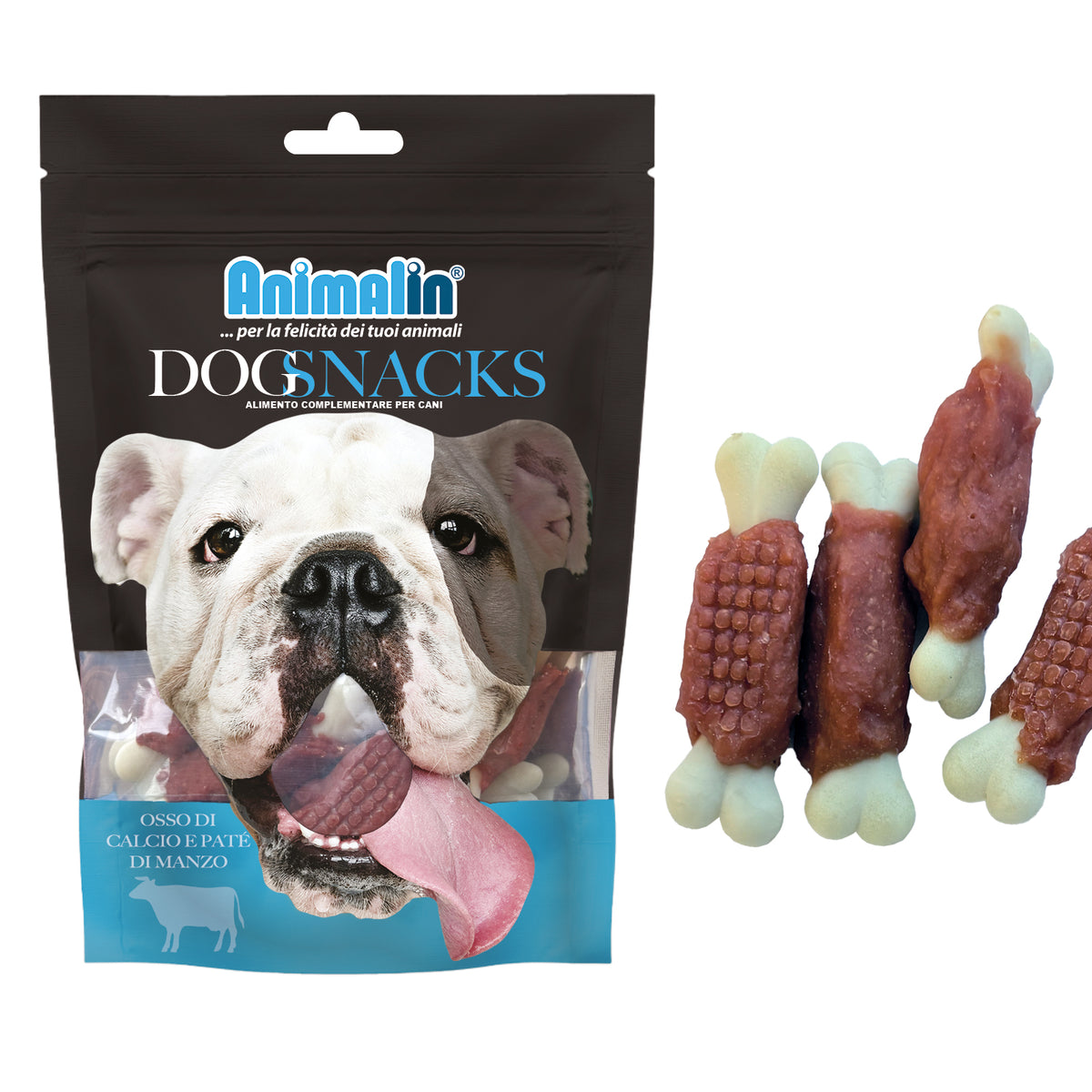 Osso di calcio con paté di manzo per cani monoproteico, 7 cm, 100 g