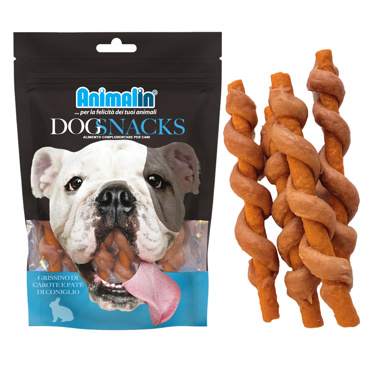 Snack monopro grissino di carote con paté di coniglio per cani, 11-12 cm, 100 g