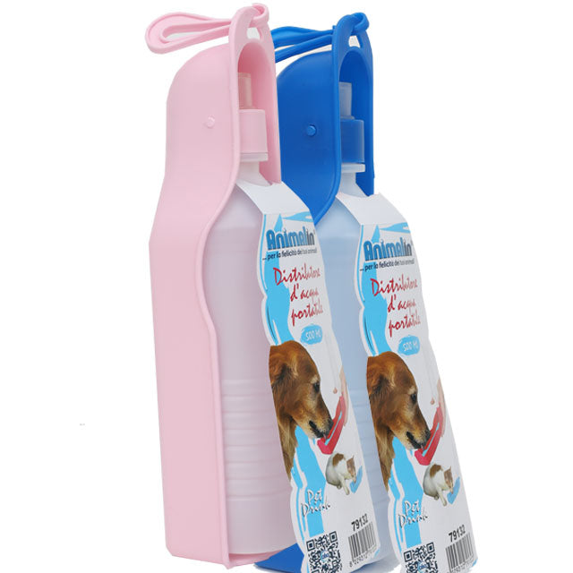 Dispenser acqua portatile 500 ml per cani e gatti con gancio integrato, colori rosa e blu