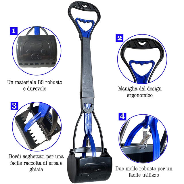 Paletta igienica poop scooper per cani in plastica resistente con meccanismo di chiusura manuale
