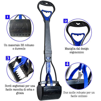 Paletta igienica poop scooper per cani in plastica resistente con meccanismo di chiusura manuale