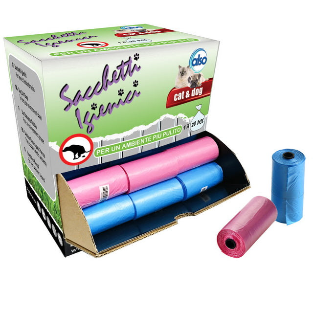 Sacchetti igienici per cani da 20 pezzi in rotolo compatto con dispenser