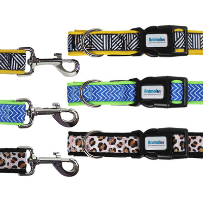 Parure collare e guinzaglio in nylon canvas softer mix color per cani, con neoprene morbido e rinforzo in nylon