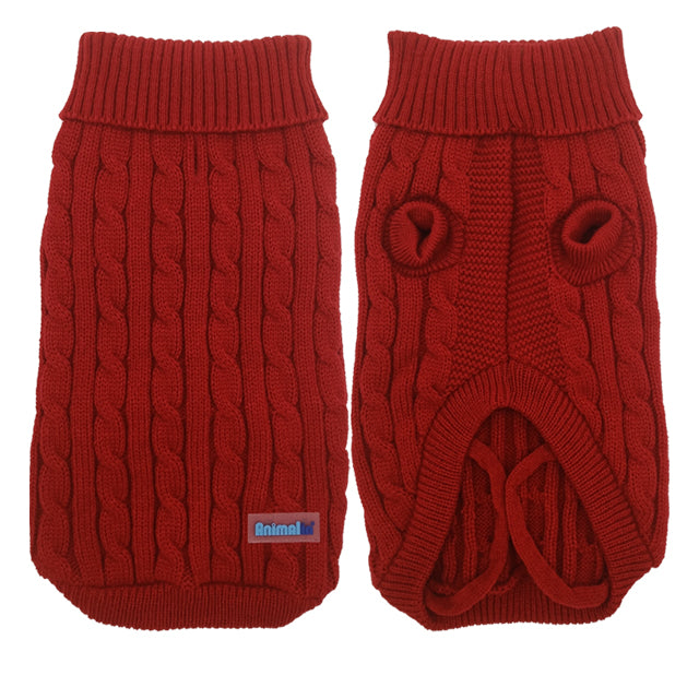 Maglione treccia rosso per cani piccoli con ricamo decorativo e cinturini per le zampe
