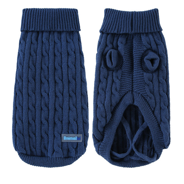 Maglione treccia blu per cani, morbido e traspirante, con ricamo a treccia e cinturini per le zampe