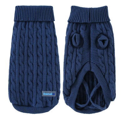 Maglione treccia blu per cani, morbido e traspirante, con ricamo a treccia e cinturini per le zampe