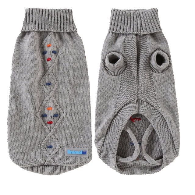 Maglione pois grigio perla per cani in maglia morbida con foro collare e cinturini zampe