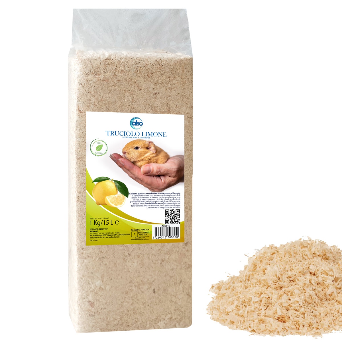 Truciolo per roditori al limone naturale, 1 kg / 15 L, legno assorbente