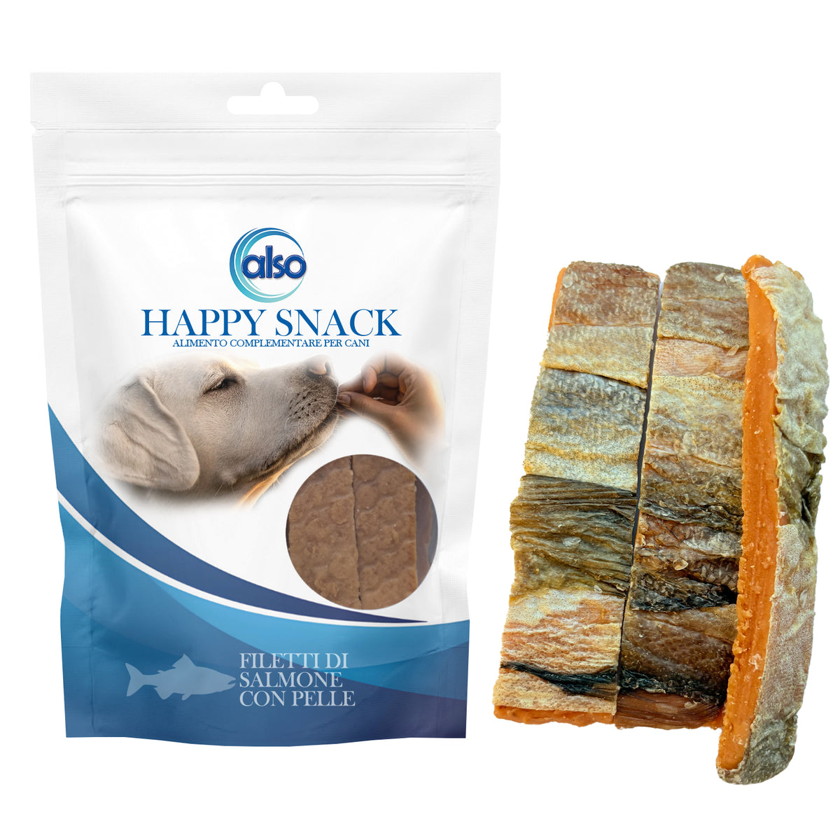 Snack in filetti di salmone con pelle per cani, 100 g, monoproteico con omega-3