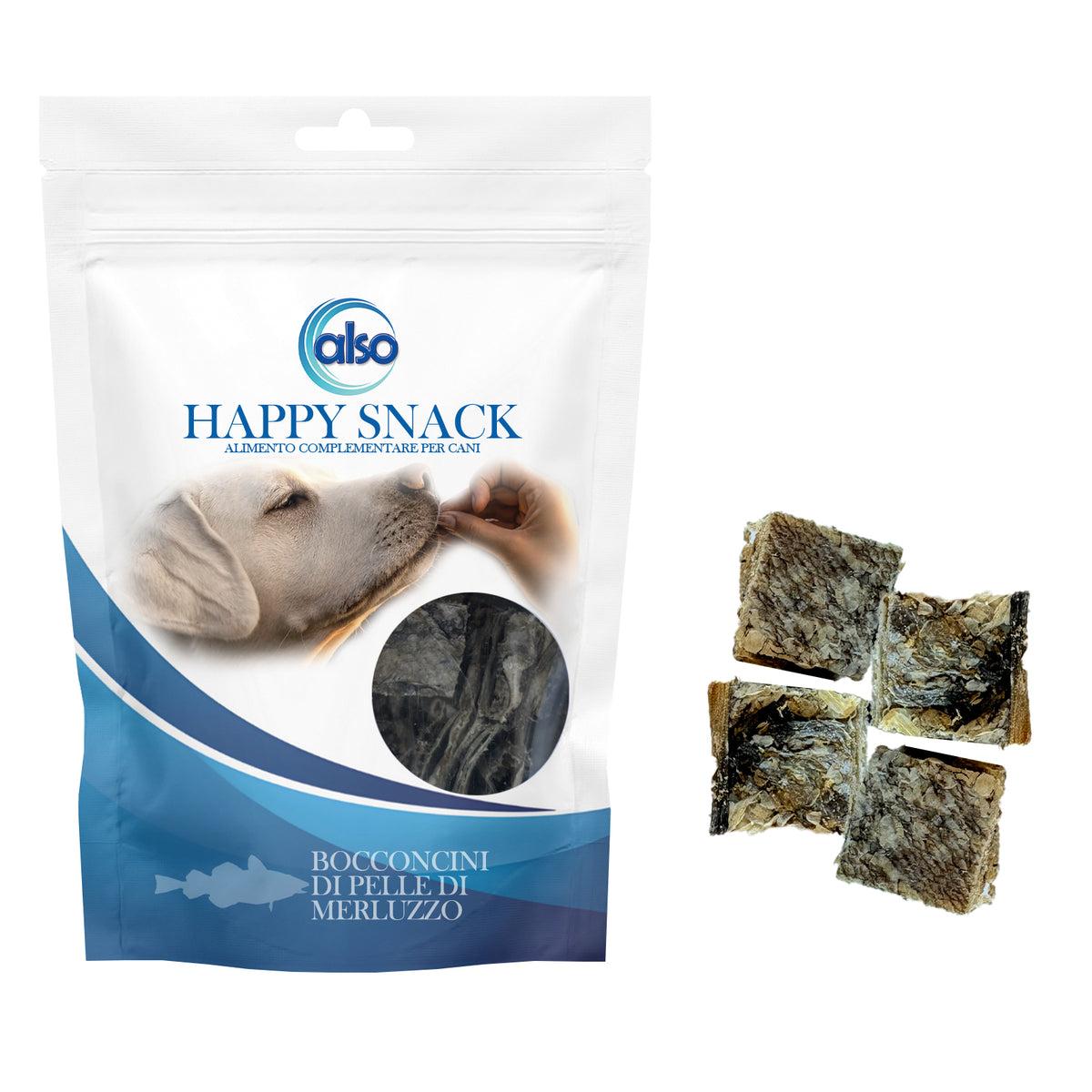 Snack monopro bocconcini di pelle di merluzzo per cani, 70 g, dimensioni 2,5 x 2,5 cm