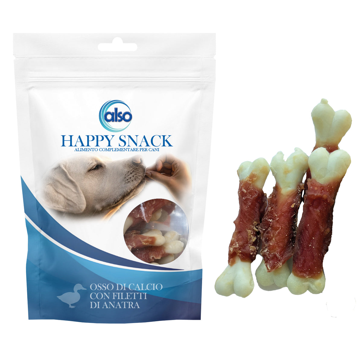 Osso di calcio con filetti di anatra per cani, snack monoproteico 7 cm 100 g