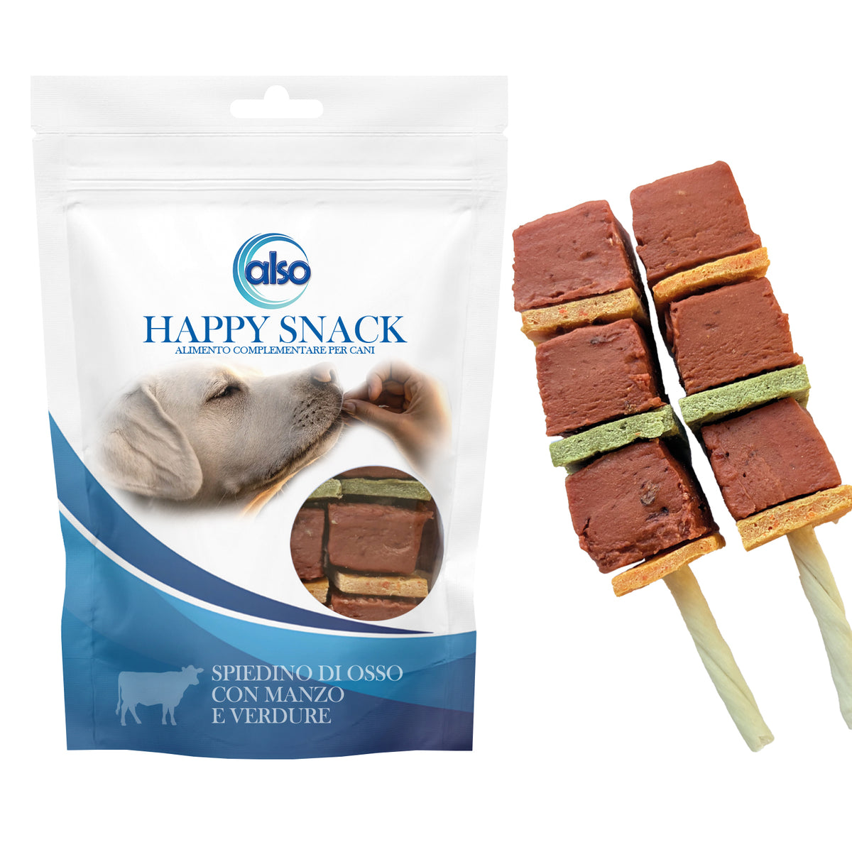 Spiedino di osso Happy Snack Monopro per cani con manzo e verdure, 12,5 cm 100 g
