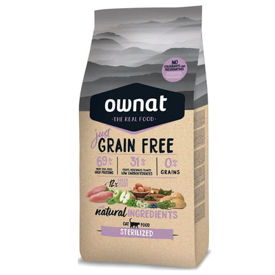 Ownat Grain Free Just Sterilized Gatto 8 kg, alimento secco Grain Free ad alto contenuto proteico per gatti sterilizzati