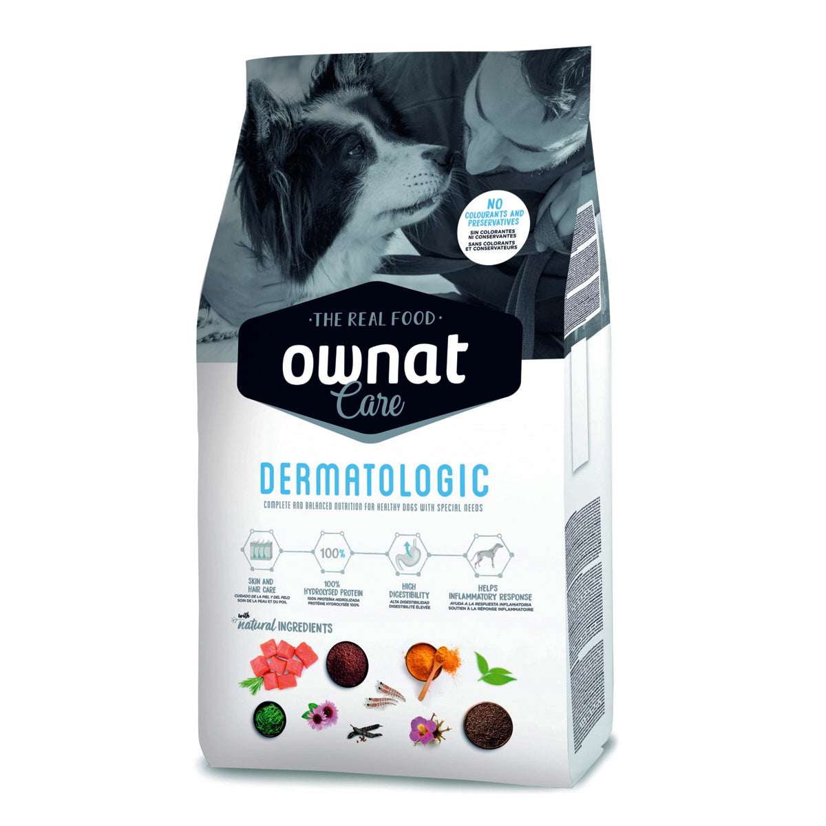 Mangime in crocchette OWNAT CARE DERMATOLOGIC per cani con pelle sensibile, con salmone idrolizzato e olio di borragine