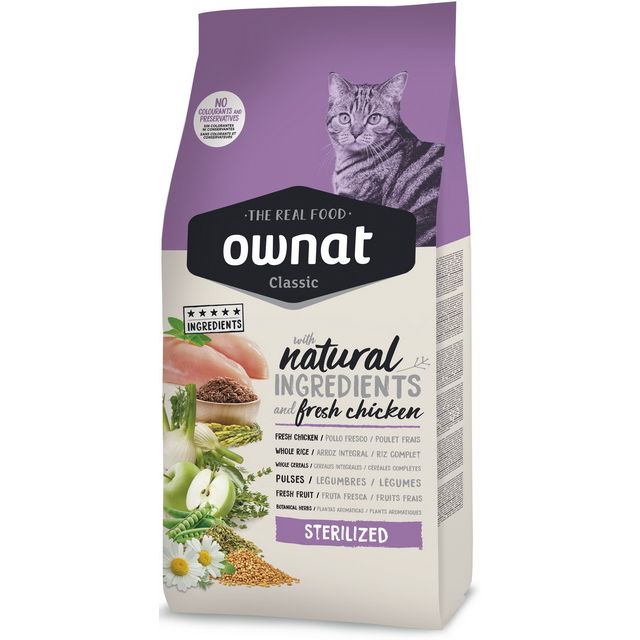 Mangime secco per gatti sterilizzati Ownat Classic con carni naturali e fibre elevate