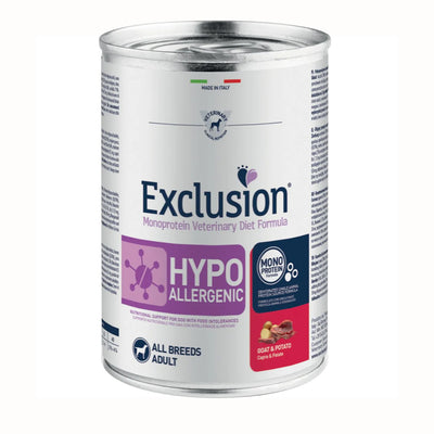 Mangime umido monoproteico veterinario Exclusion per cani adulti con capra, 400 g