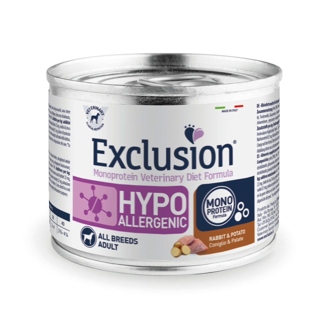 Exclusion Monoprotein Vet Diet Hypoallergenic Adult All Breeds Coniglio e Patate – Alimento dietetico umido monoproteico per cani adulti con intollera