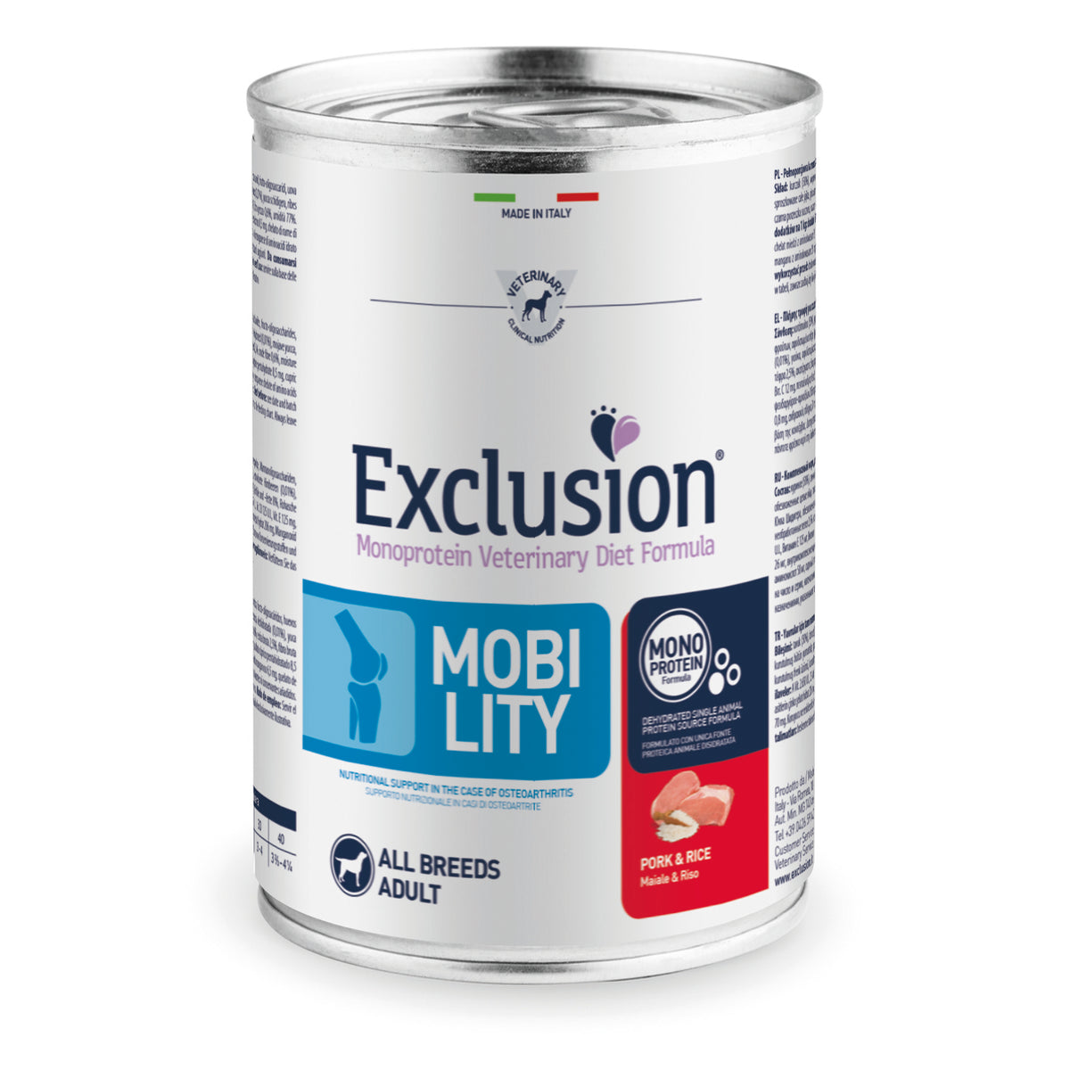 Exclusion Monoprotein Vet Mobility Adult All Breeds Maiale e Riso – Alimento dietetico umido monoproteico per cani adulti, con EPA, Omega-3, glucosami
