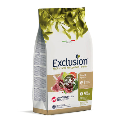 Mangime secco Exclusion Mediterraneo Monopro Noble Grain per cani adulti grandi con agnello disidratato, 12 kg
