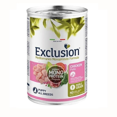 Mangime umido Exclusion Mediterraneo Monopro per cuccioli cani, vaschetta da 400 g con pollo