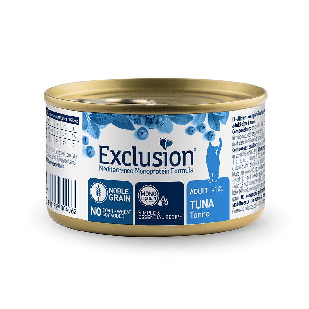 Exclusion Mediterraneo Noble Grain Adult Tonno – Alimento umido completo monoproteico per gatti adulti con tonno