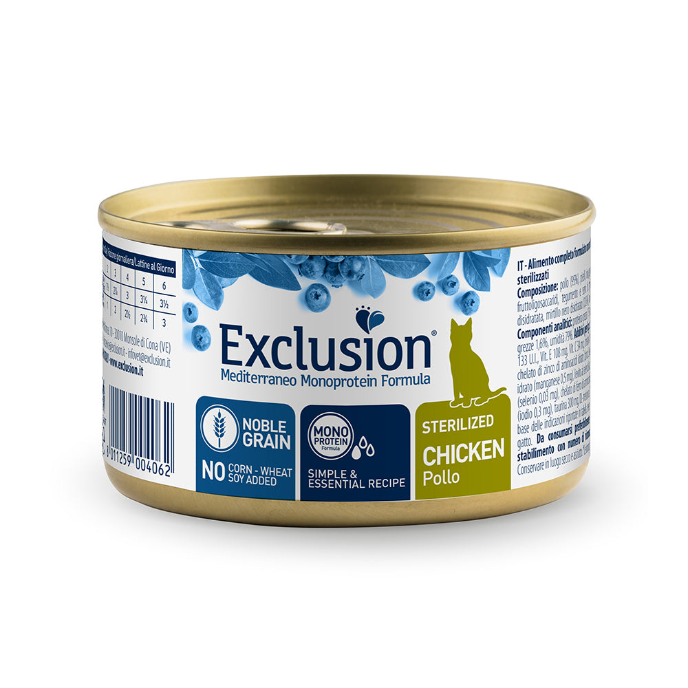 Exclusion Mediterraneo Noble Grain Sterilized Pollo – Alimento monoproteico completo per gatti sterilizzati con pollo