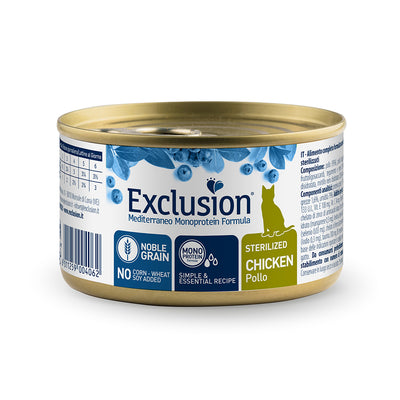 Exclusion Mediterraneo Noble Grain Sterilized Pollo – Alimento monoproteico completo per gatti sterilizzati con pollo
