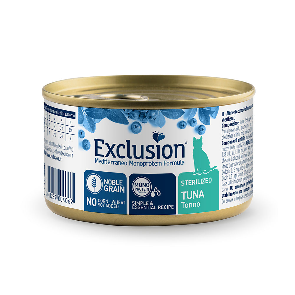 Exclusion Mediterraneo Noble Grain Sterilized Tonno – Alimento completo monoproteico per gatti sterilizzati con tonno