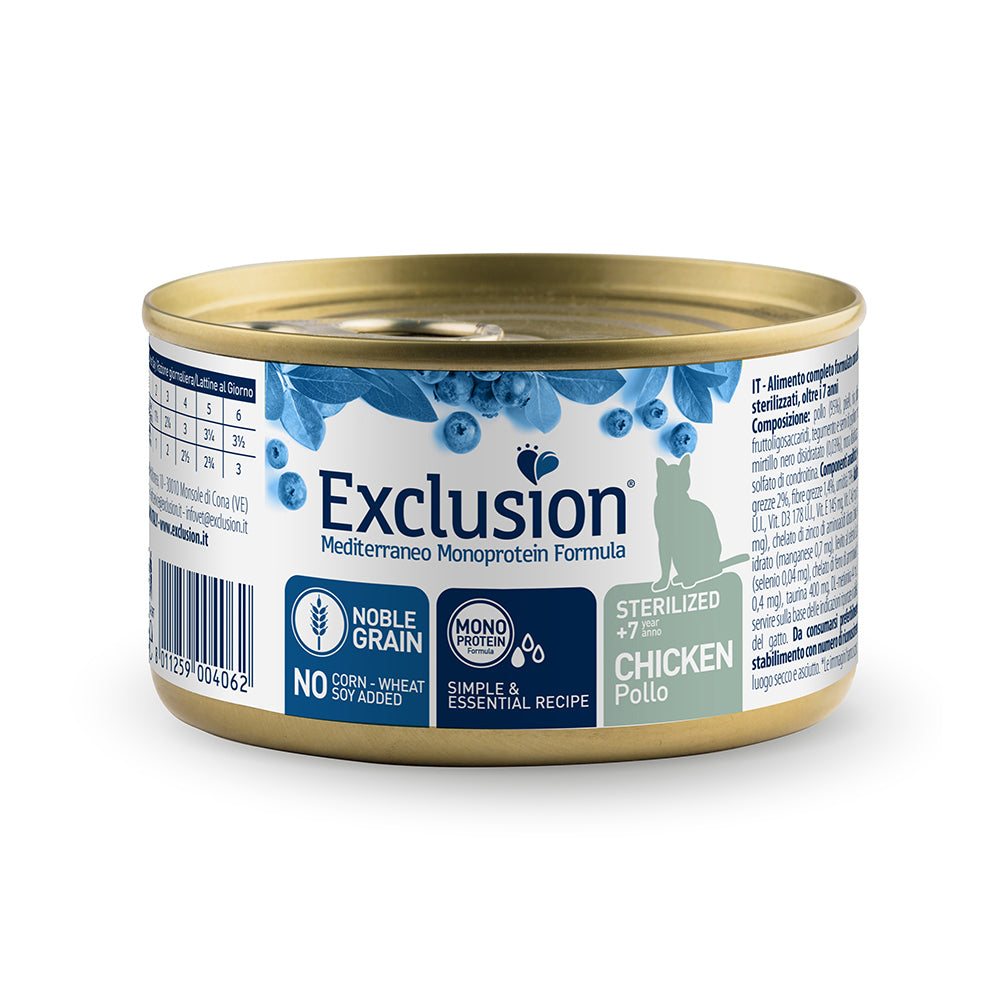 Exclusion Mediterraneo Noble Grain Sterilized 7+ Pollo – Alimento completo monoproteico per gatti sterilizzati senior con pollo