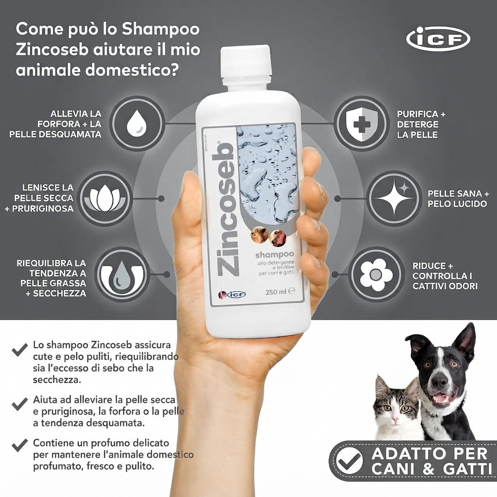 Icf Zincoseb Shampoo 250 ml per Cani e Gatti Lenitivo e Sebo-Riequilibrante