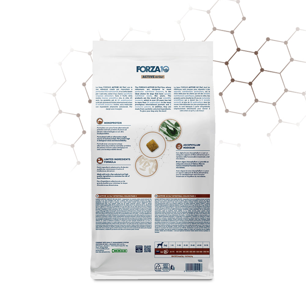 FORZA10 Intestinal Colon Fase 2 Pesce e Riso 14% di fibra alimentare Proteine di pesce idrolizzate Per cani adulti 10 kg