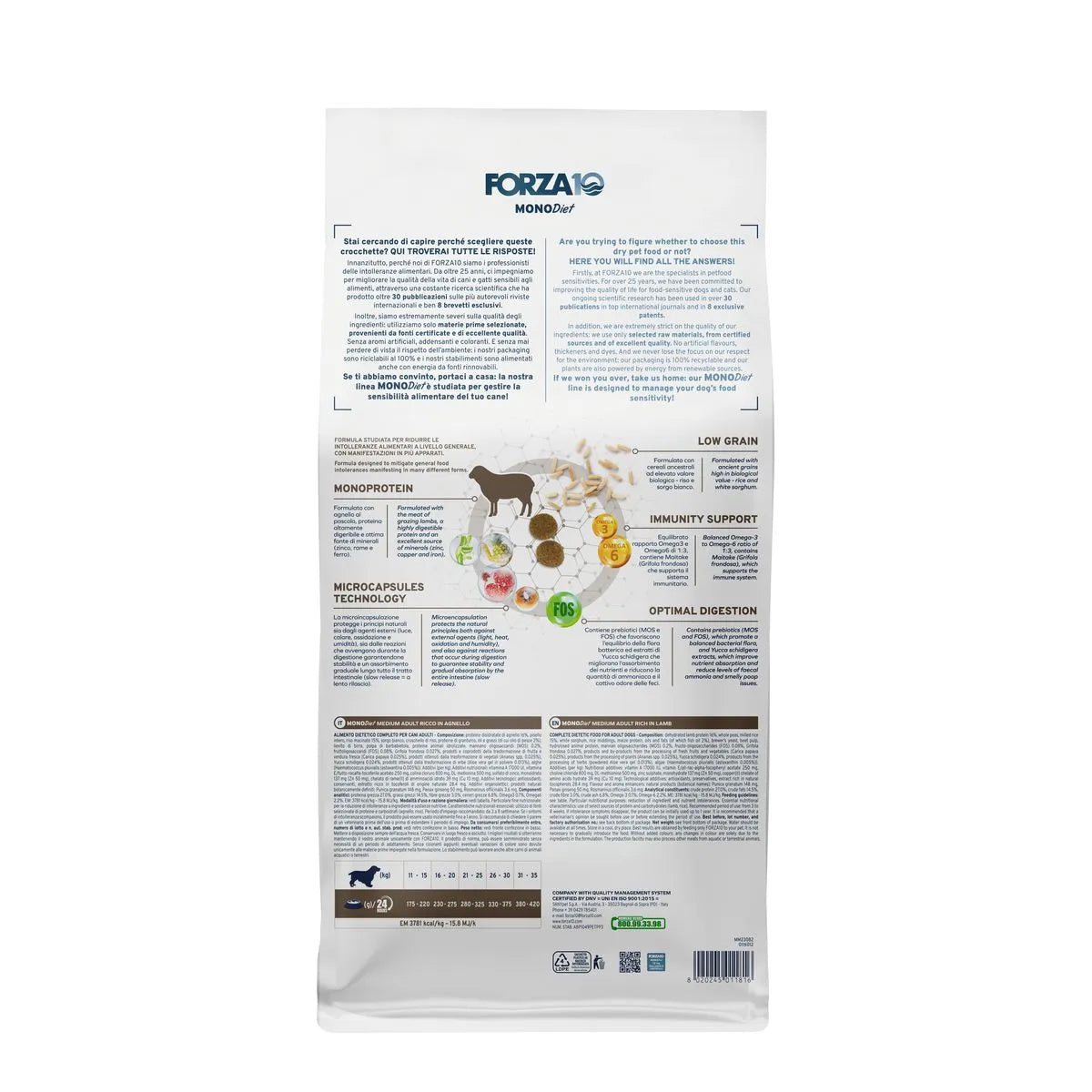 FORZA10 Mono Diet Hypoallergenic Medium Adult Agnello Formula Monoprotein Per cani adulti di taglia media 12 kg