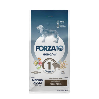 FORZA10 Mono Diet Hypoallergenic Medium Adult Agnello Formula Monoprotein Per cani adulti di taglia media 12 kg