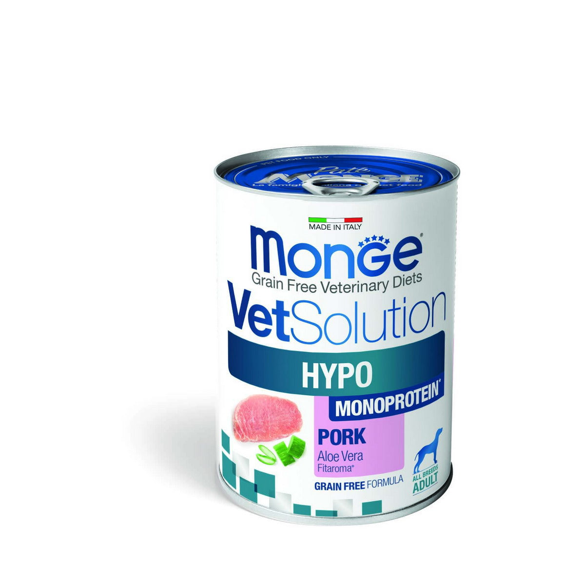 Mangime umido hypo monoprotein Monge Vet per cani adulti con maiale, lattina 400 g