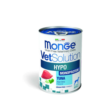 Mangime umido monoprotein tonno Monge Vet Hypo per cani adulti, lattina 400g