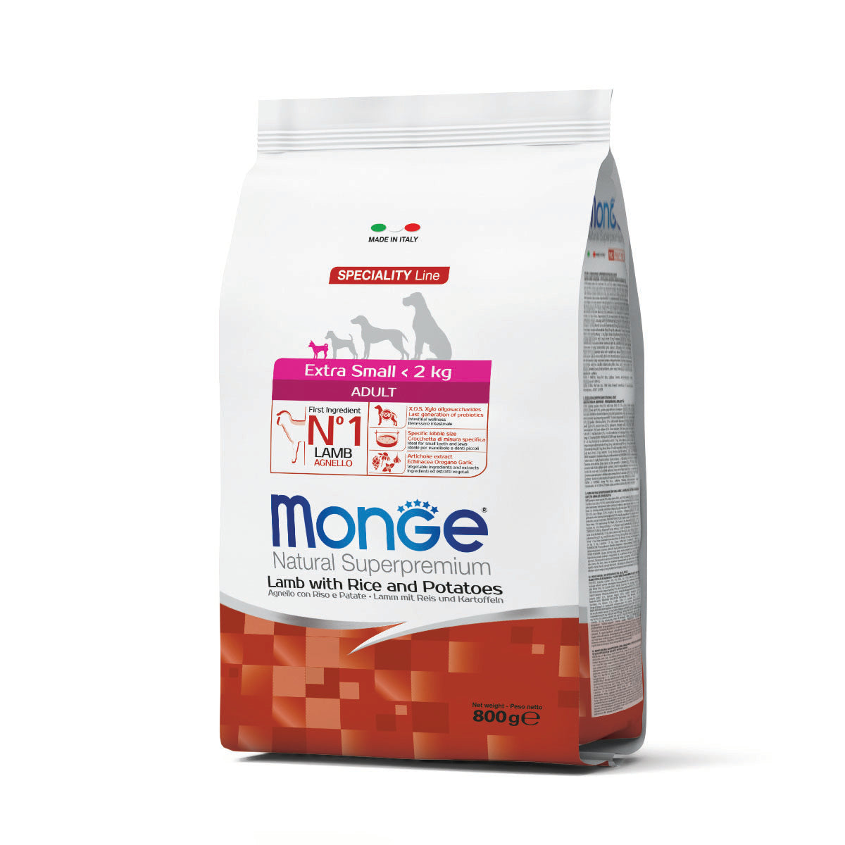 Mangime secco Monge DRY DOG Extra Small Adult Agnello Riso Patate per cani di piccola taglia
