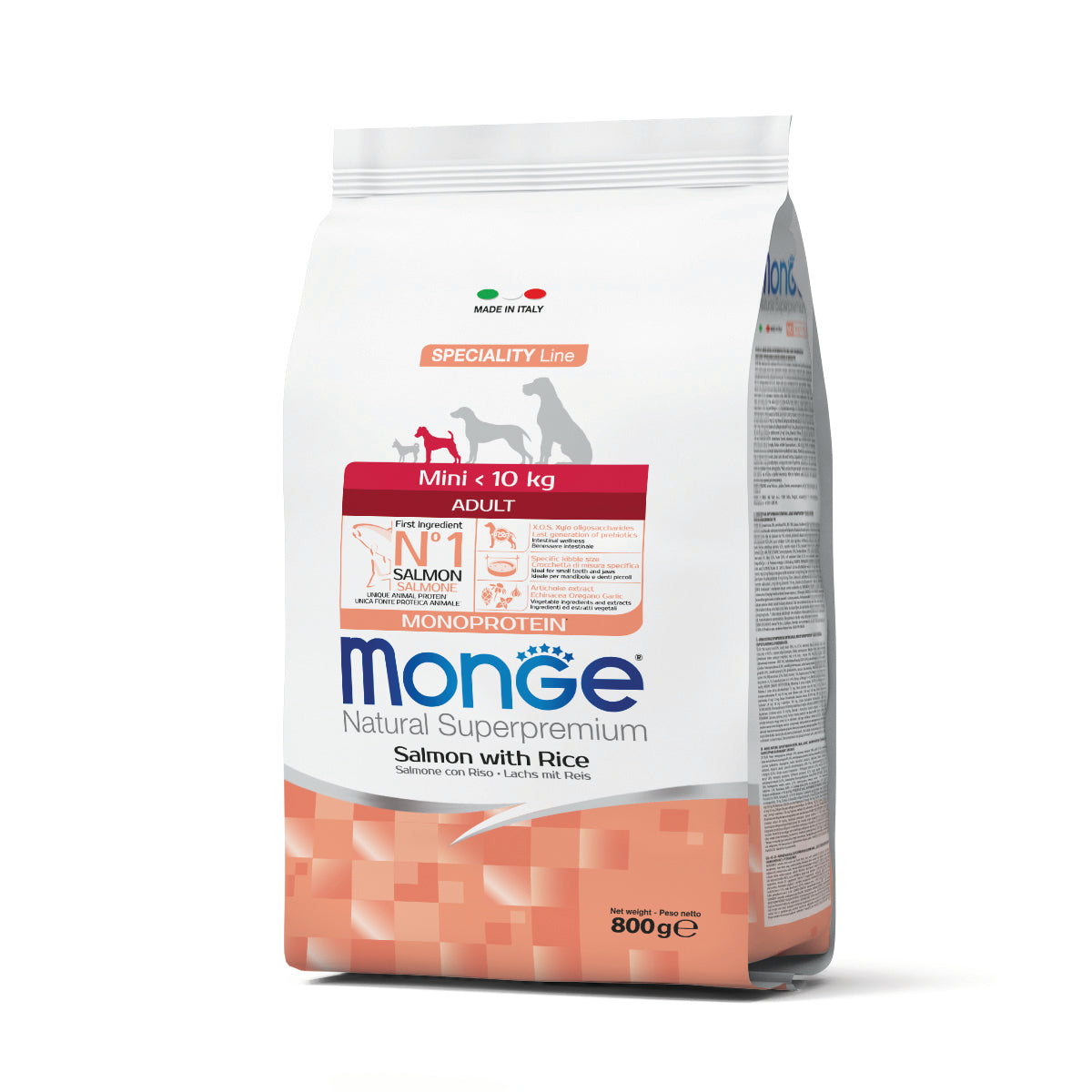 Mangime secco Monge DRY DOG Mini Adult Salmone e Riso Monoprotein per cani di piccola taglia adulti