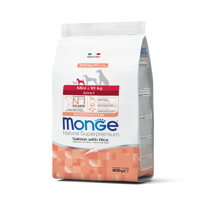 Mangime secco Monge DRY DOG Mini Adult Salmone e Riso Monoprotein per cani di piccola taglia adulti