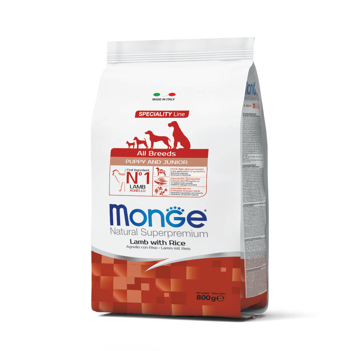 Mangime secco Monge per cani cuccioli all breeds con agnello e riso in crocchette