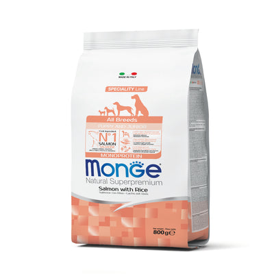 Mangime secco Monge per cani cuccioli di tutte le razze al salmone e riso monoprotein