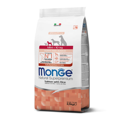 Mangime in crocchette Monge per cani junior salmone e riso monoprotein taglia mini