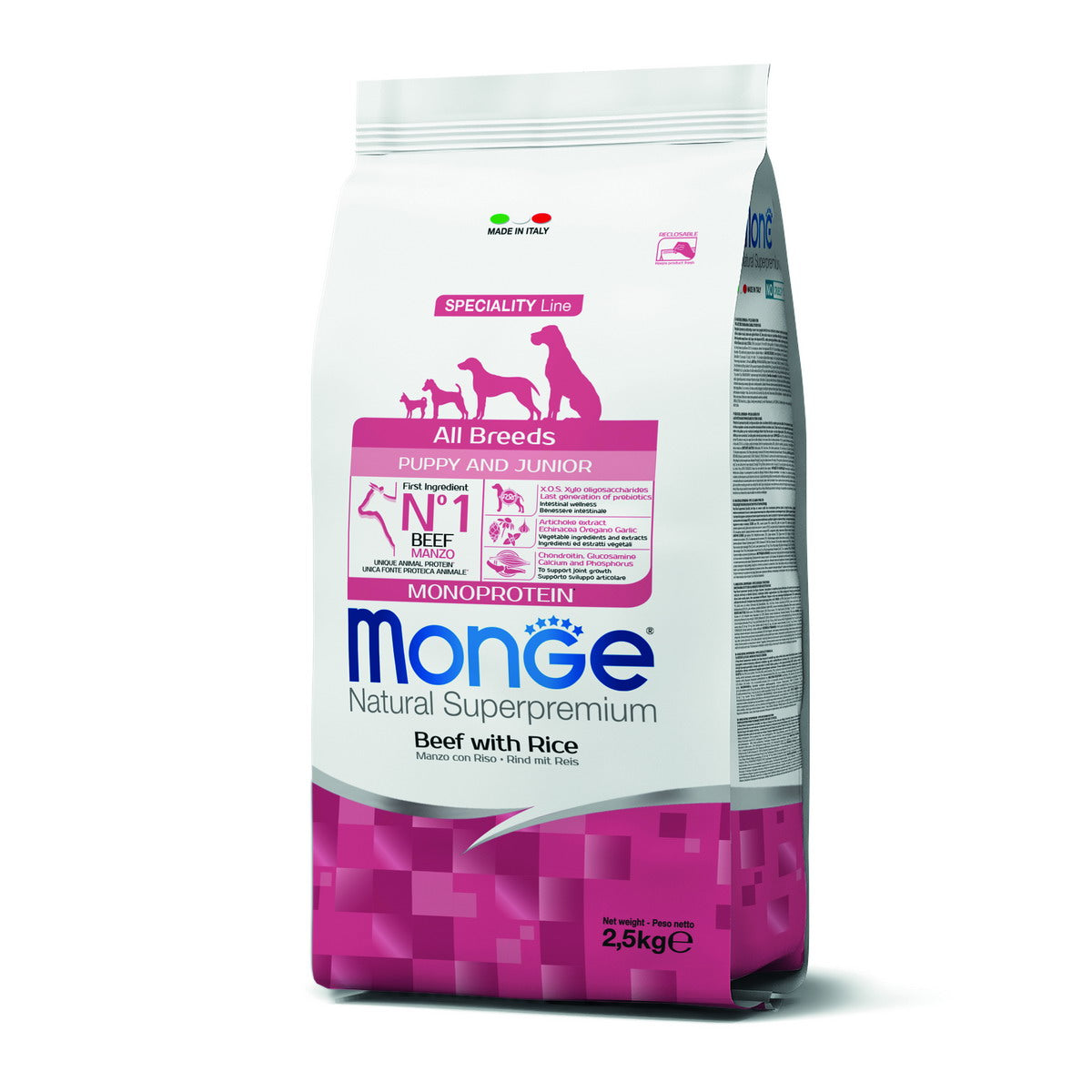 Mangime secco Monge per cani cuccioli manzo e riso monoprotein, alimento completo per tutte le taglie