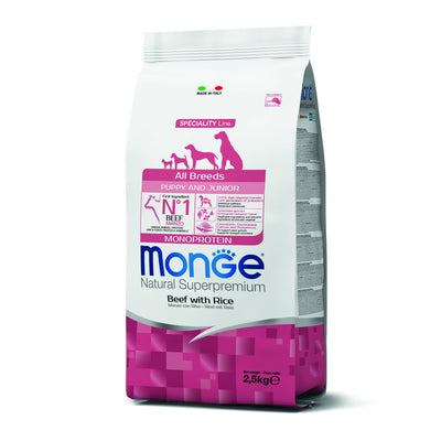 Mangime secco Monge per cani cuccioli manzo e riso monoprotein, alimento completo per tutte le taglie