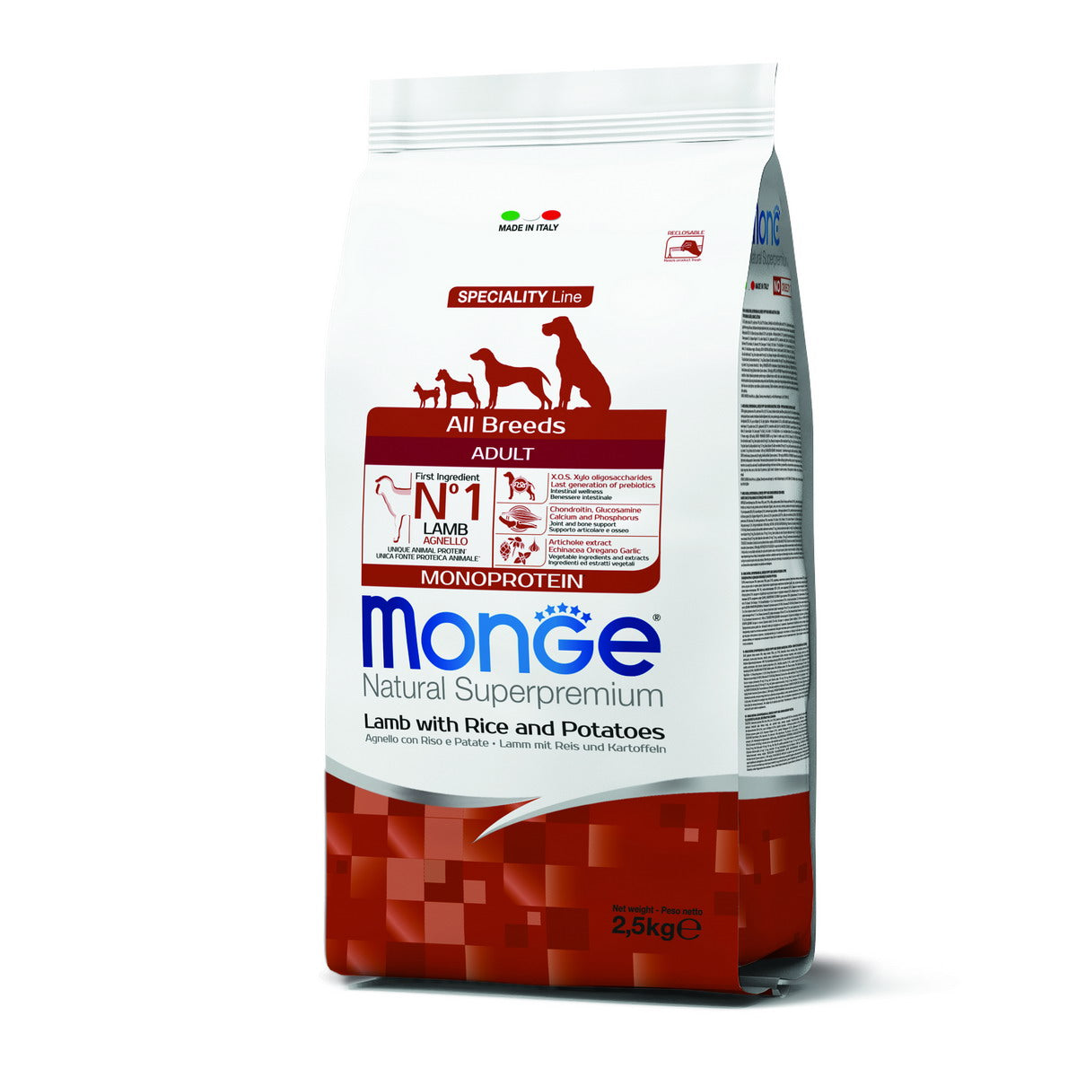 Mangime secco Monge per cani adulti all breeds con agnello, riso e patate monoprotein