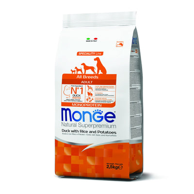 Mangime secco Monge per cani adulti con anatra, riso e patate monoprotein